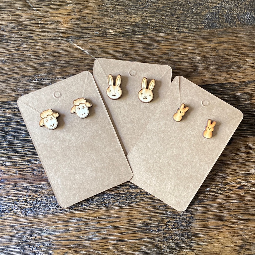 Set of three homemade wood earrings studs. Easter design. Bunny rabbit and sheep